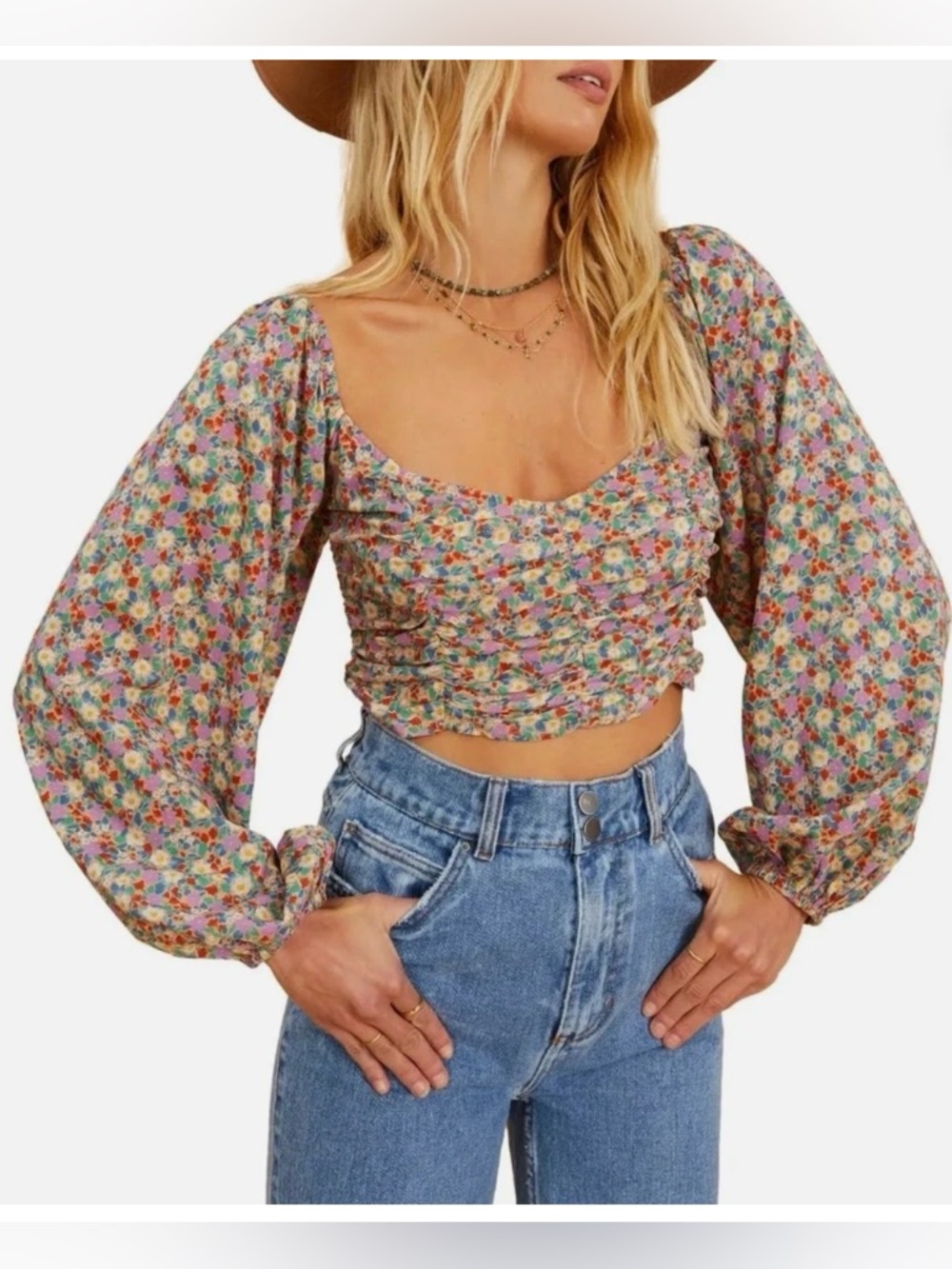 NWT Billabong x The Salty Blonde Free Love Ruched Floral Crop Top Size Large